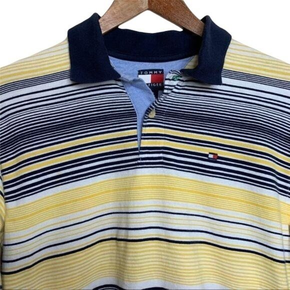 Tommy Hilfiger Polo Shirt Long Sleeve Navy Yellow Stripe Boys Size Large - Picture 2 of 7
